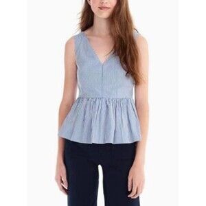 J. Crew Women's 2 Sleeveless Peplum Poplin Striped Top Blue White Double V Neck